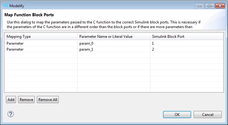 The Map Function Block Ports dialog for inputs, mapping the parameters param_0 and param_1 to the Simulink block ports 1 and 2.