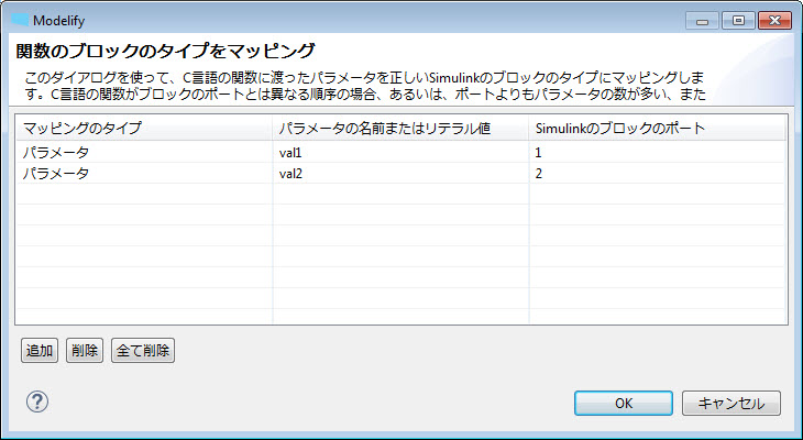 入力の「関数のブロックのタイプをマッピング」ダイアログで、パラメータ val1 と val2 を Simulink のブロックのポート 1 と 2 にマッピングしています。