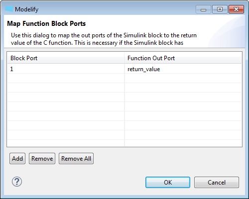 The Map Function Block Ports dialog for outputs, mapping the Simulink block port 1 to the function's return_value.