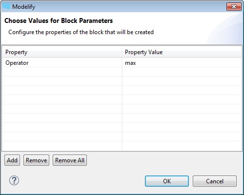 The Choose Values for Block Parameters dialog, with the property Operator set to max.