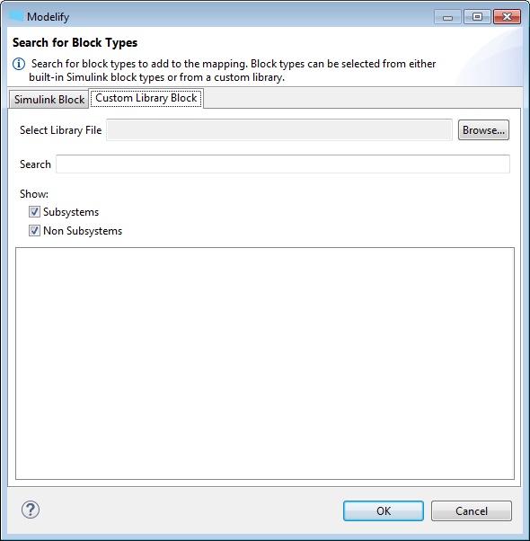 The Search for Block Types dialog on its Custom Library Block tab, with a library file to select and options to show subsystems and non-subsystems.