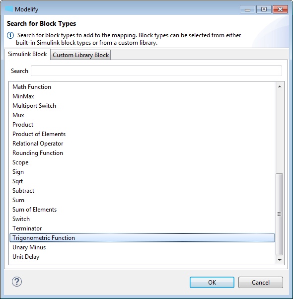 The Search for Block Types dialog on its Simulink Block tab, with Trigonometric Function selected in the list of Simulink block types.