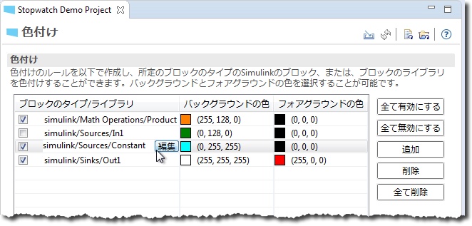 「色付け」ページで、Product、In1、Constant、Out1 のブロックのタイプのバックグラウンドとフォアグラウンドの色を設定するルールがあります。
