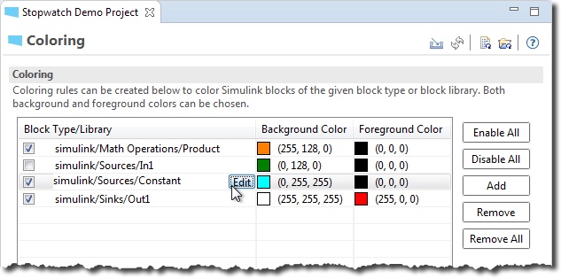 The Coloring page, with rules that set the background and foreground colors of the Product, In1, Constant, and Out1 block types.
