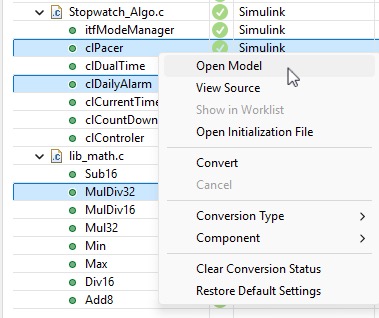 Three functions selected in the Conversion table, with a context menu that includes Open Model, View Source, Convert, Conversion Type, Component, Clear Conversion Status, and Restore Default Settings.