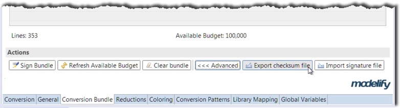 The Actions row of the Conversion Bundle page with the advanced buttons shown, and the pointer on Export checksum file.