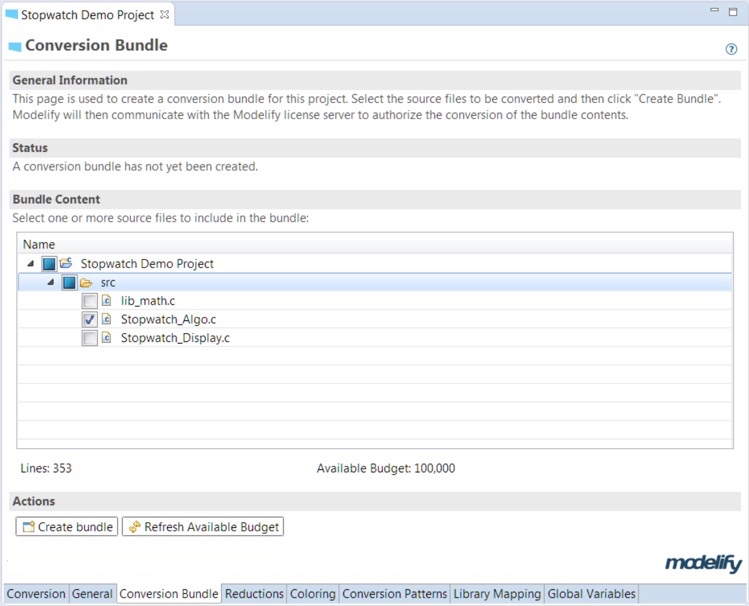 The Conversion Bundle page, with Stopwatch_Algo.c selected for the bundle, 353 lines, an available budget of 100,000, and the Create bundle button.