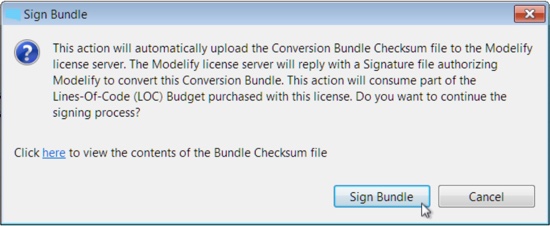 The Sign Bundle dialog, which uploads the bundle's checksum file to the Modelify license server and asks whether to continue signing.
