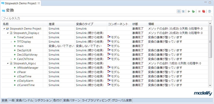 Stopwatch Demo Project の「変換」ページで、フィルターの入力欄と、プロジェクトのファイルと関数ごとに推奨、変換のタイプ、コンポーネント、状態、情報を示す表があります。