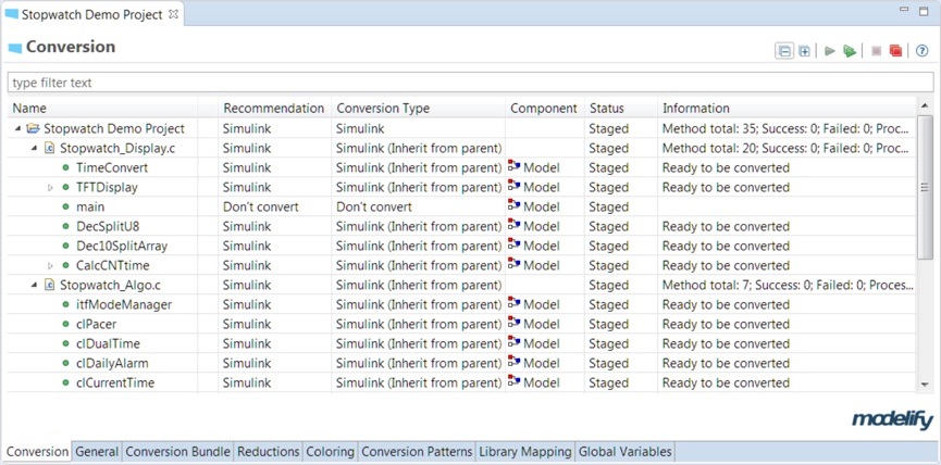 The Conversion page of the Stopwatch Demo Project, with a filter box and a table of the project's files and functions, each with its recommendation, conversion type, component, status, and information.