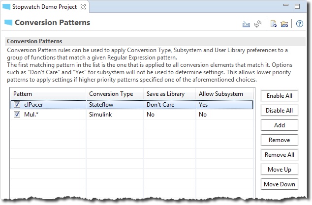 The Conversion Patterns page, with the pattern clPacer converted to Stateflow and the pattern Mul.* converted to Simulink.
