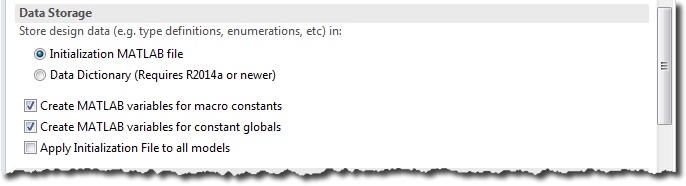 The Data Storage section, with design data stored in the Initialization MATLAB file and MATLAB variables created for macro constants and constant globals.