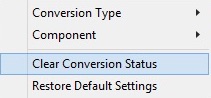 The context menu of the selected functions, with Clear Conversion Status selected.