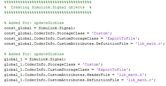 const_global と global_1 の Simulink.Signal オブジェクトを、ストレージクラス ExportToFile と定義ファイル lib_math.c で作成する M-Script の初期化ファイルです。