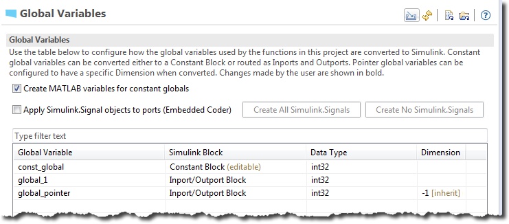 The Global Variables page, with const_global converted to a Constant Block and global_1 and global_pointer routed as Inport/Outport blocks, each of type int32.