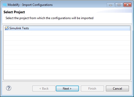 The first page of the Import Configurations wizard, with the project Simulink Tests selected.
