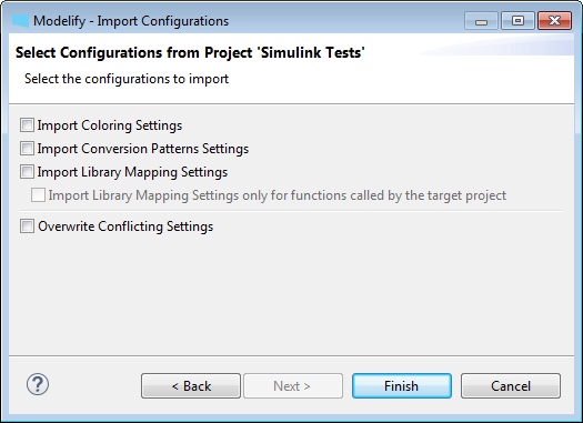 The second page of the Import Configurations wizard, with options to import the Coloring, Conversion Patterns, and Library Mapping settings and to overwrite conflicting settings.