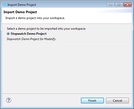 The Import Demo Project dialog, with Stopwatch Demo Project selected.
