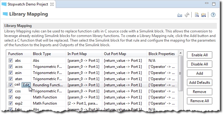 The Library Mapping page, with rules that map C library functions such as abs, acos, ceil, and exp to Simulink blocks, with their port maps and block properties.