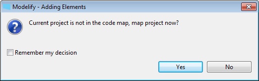 A Modelify dialog that says the current project is not in the code map and asks whether to map it now.