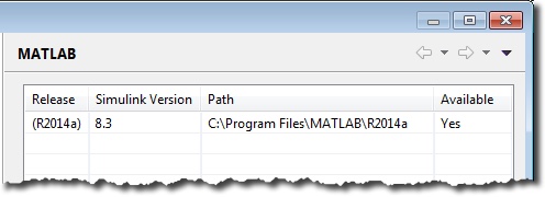 The MATLAB preference page listing R2014a, Simulink version 8.3, at C:\Program Files\MATLAB\R2014a, as available.