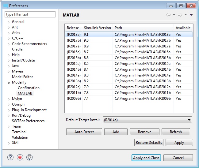 The MATLAB preference page, listing the MATLAB releases from R2009b to R2018a with their Simulink versions and paths, and R2014a as the Default Target Install.