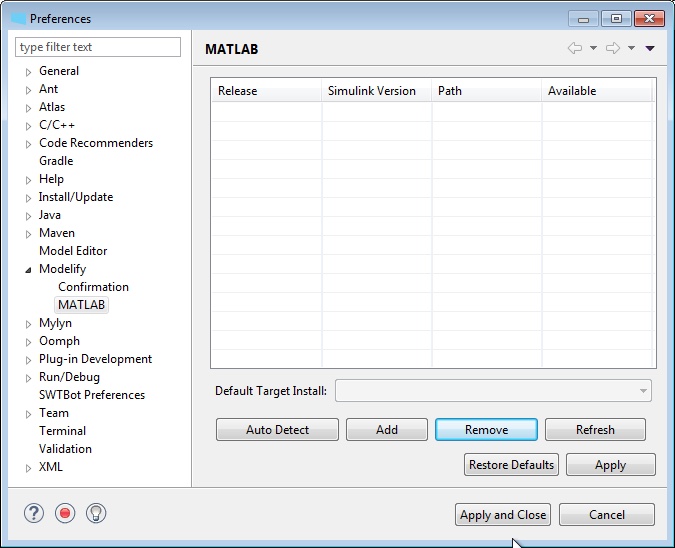The MATLAB preference page with no MATLAB installations listed, and the Auto Detect, Add, Remove, and Refresh buttons.