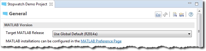 The MATLAB Version section of the General page, with Target MATLAB Release set to Use Global Default (R2014a) and a link to the MATLAB Preference Page.