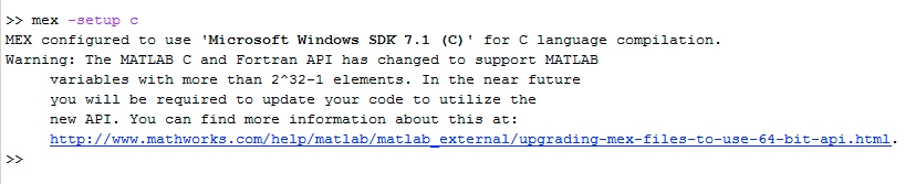 MEX が Microsoft Windows SDK 7.1 (C) を使うように設定されたときの、MATLAB の mex -setup c の出力です。
