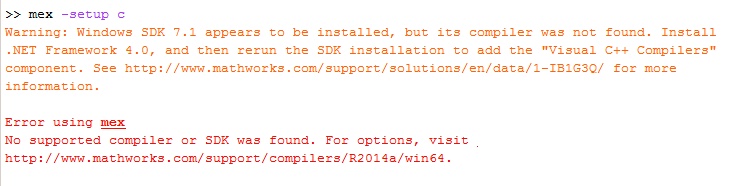 サポートされているコンパイラまたは SDK が見つからないときの、MATLAB の mex -setup c の出力です。