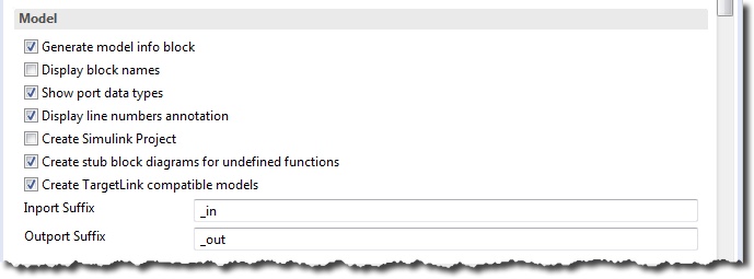 The Model section of the General page, with its model options checked or cleared, the Inport Suffix _in, and the Outport Suffix _out.