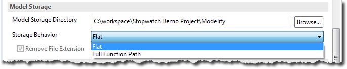 The Model Storage section, with the Model Storage Directory and the Storage Behavior menu open on Flat and Full Function Path.