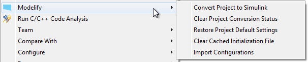 The Modelify submenu of a project's right-click menu: Convert Project to Simulink, Clear Project Conversion Status, Restore Project Default Settings, Clear Cached Initialization File, and Import Configurations.