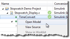 The context menu of the function TimeConvert in the Conversion table, with Open Model selected.