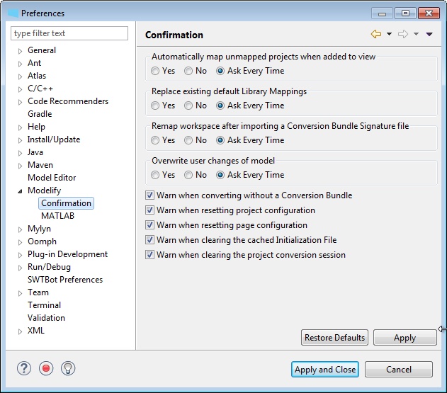 The Modelify Confirmation preference page, with Yes, No, or Ask Every Time for four prompts, and five warnings checked.