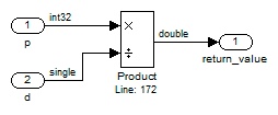 Product ブロックが Data Type Conversion ブロックなしで p を d で割り、double を出力します。