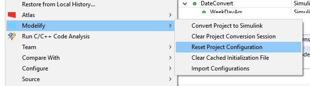 The Modelify submenu of a project's right-click menu, with Reset Project Configuration selected.
