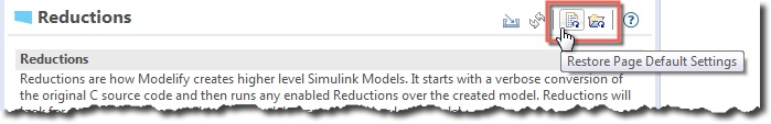 The top of the Reductions page, with the pointer on the Restore Page Default Settings button.