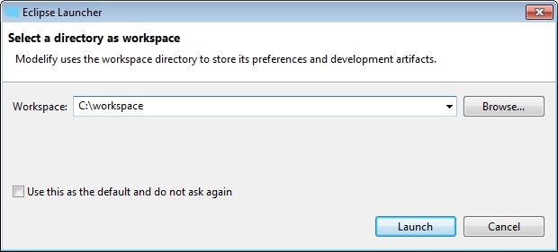 The Eclipse Launcher dialog asking for a workspace directory, with C:\workspace entered.