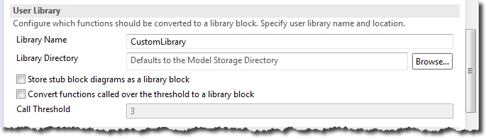 The User Library section, with the library name CustomLibrary, the library directory, the options for library blocks, and the call threshold.
