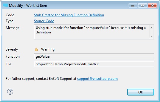 The Worklist Item dialog for that warning: the code Stub Created for Missing Function Definition, the type Source Code, its message, the function getValue, and the file lib_math.c.