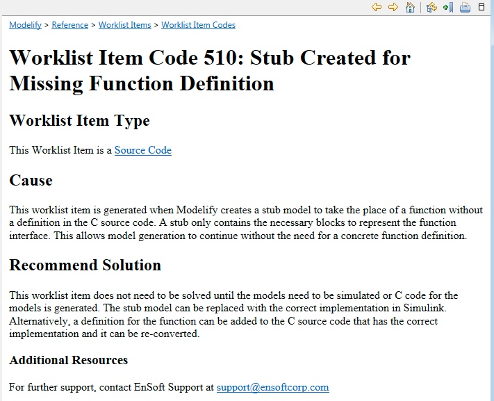 The help page for Worklist Item Code 510, Stub Created for Missing Function Definition, with its type, cause, and recommended solution.