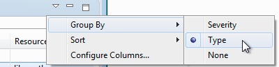 The Modelify Worklist view menu, with Group By open on Severity, Type, and None.