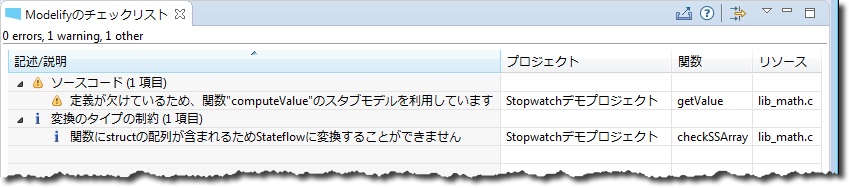 Modelify のチェックリストビューで、「ソースコード」の下に関数 computeValue のスタブモデルについての警告が、「変換のタイプの制約」の下に struct の配列についての項目があります。