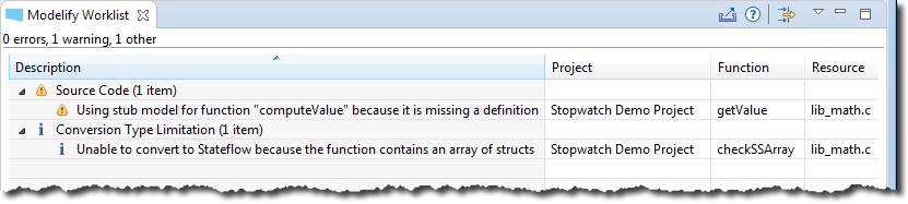 The Modelify Worklist view, with a warning under Source Code about a stub model for computeValue and an item under Conversion Type Limitation about an array of structs.