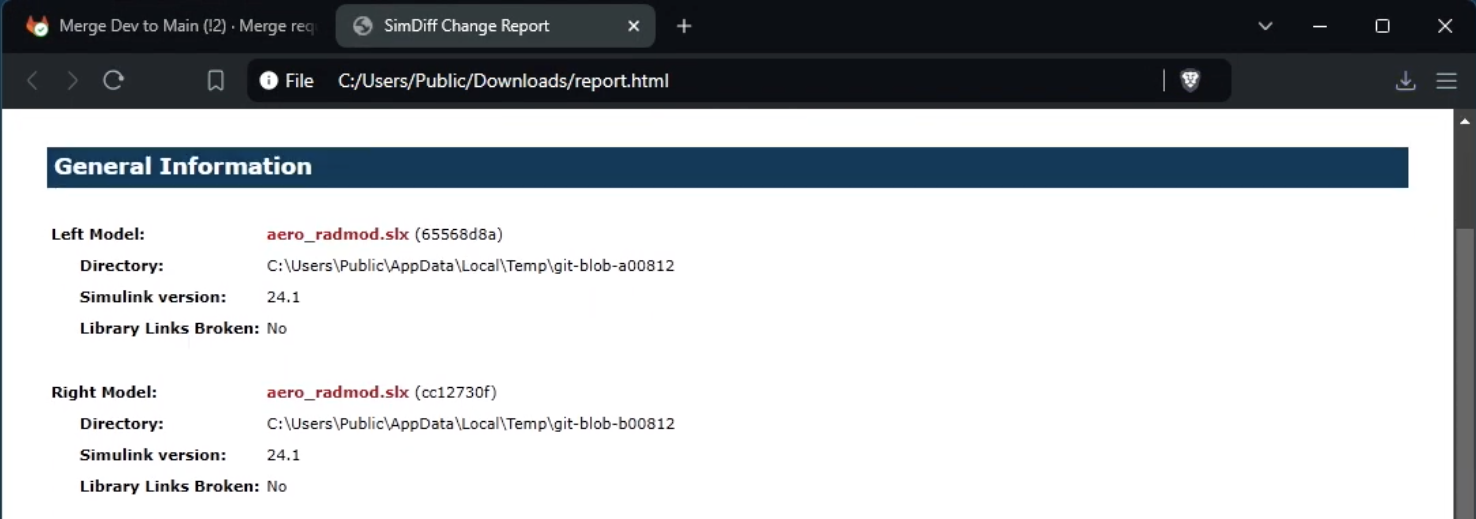 Screenshot of a web page displaying a SimDiff Change Report with general model information for Aero Radmod models on a Windows computer.