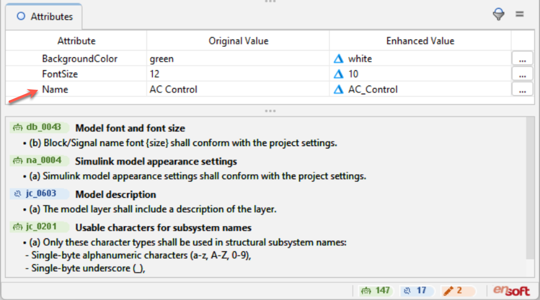Screenshot of a software interface showing attribute settings, model font, appearance, description, and subsystem character options, with highlighted entries including 'Name' labeled as 'AC Control' and various configuration details listed.