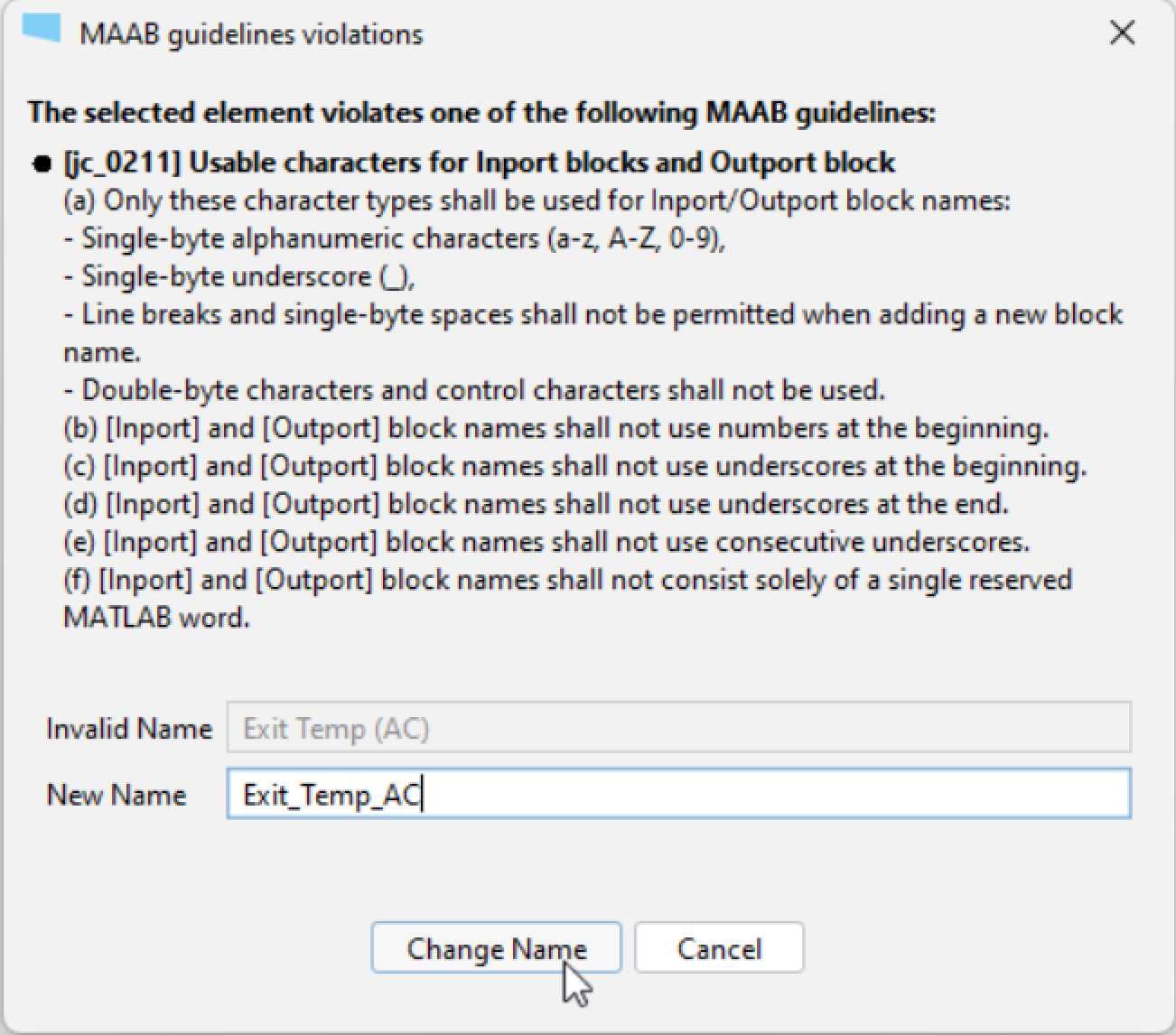 A screenshot of a MATLAB error message and dialog box showing a failed attempt to change a block name to 'Exit_Temp_AC'. The message includes guidelines on valid naming conventions for MATLAB block names.