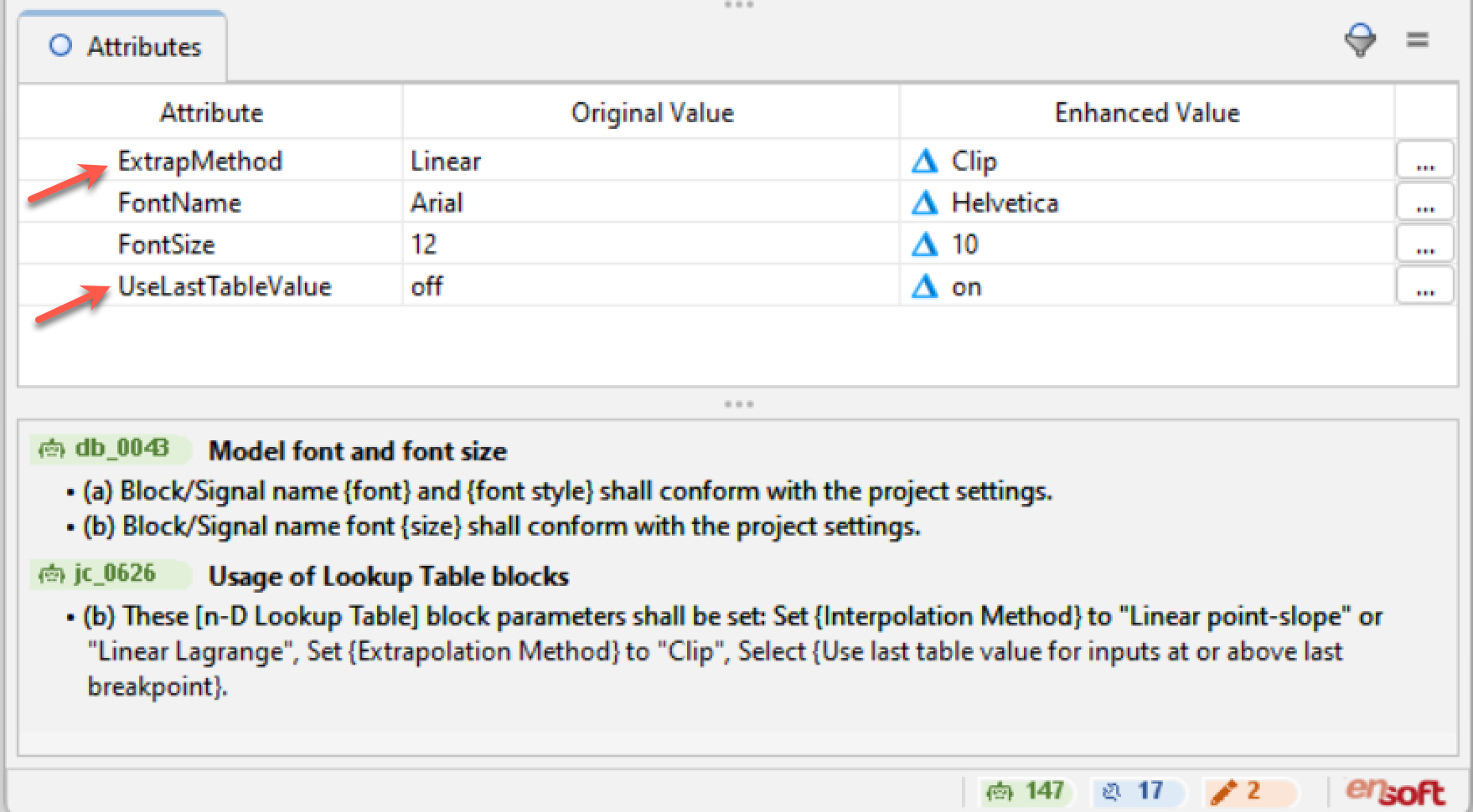 Screenshot of a software interface showing attribute settings for ExtrapMethod, FontName, FontSize, and UseLastTableValue, with descriptions and options for each.