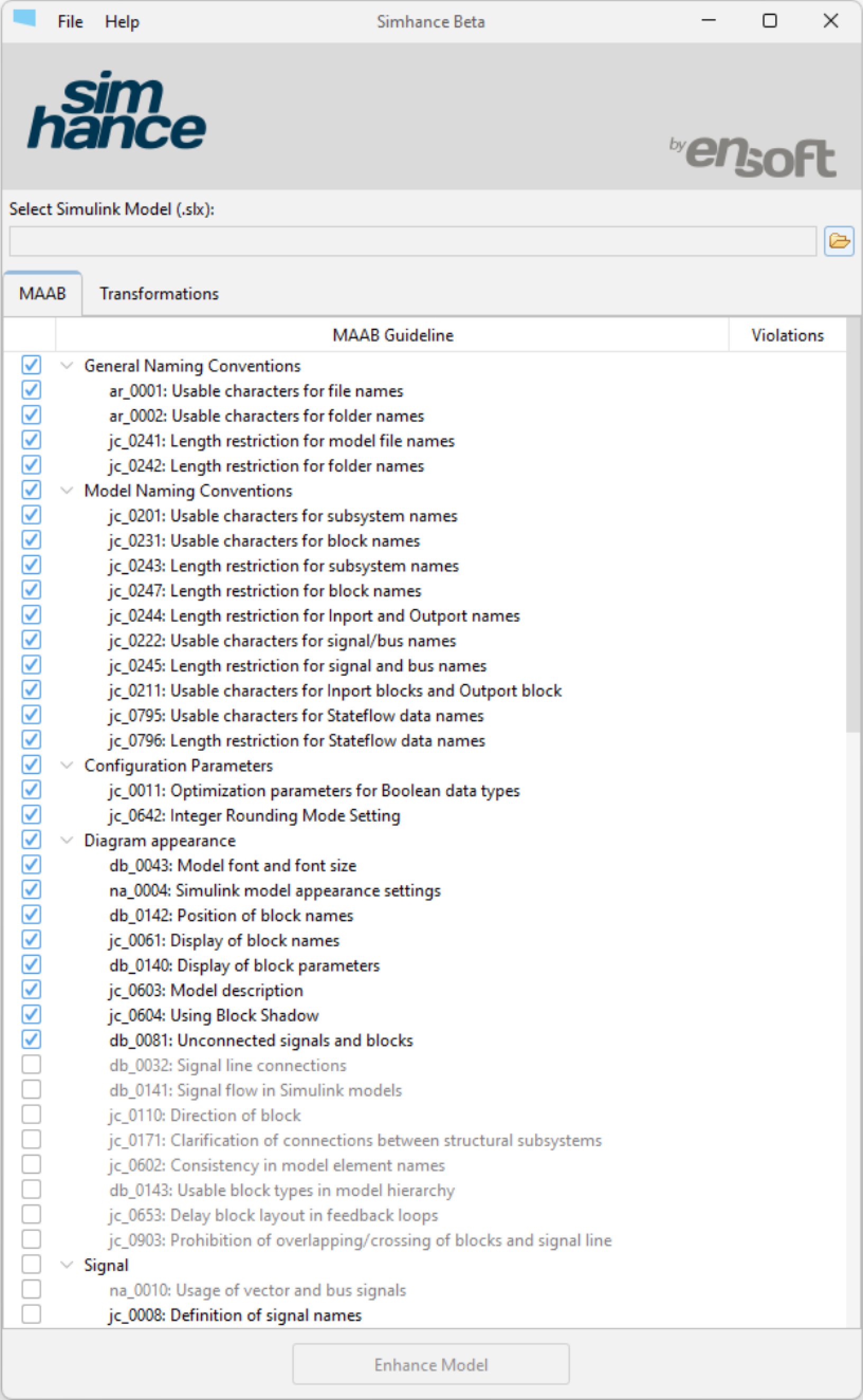 Screenshot of the Simhance software interface showing model configuration options and guidelines for Simulink model naming, parameters, diagrams, and signals.